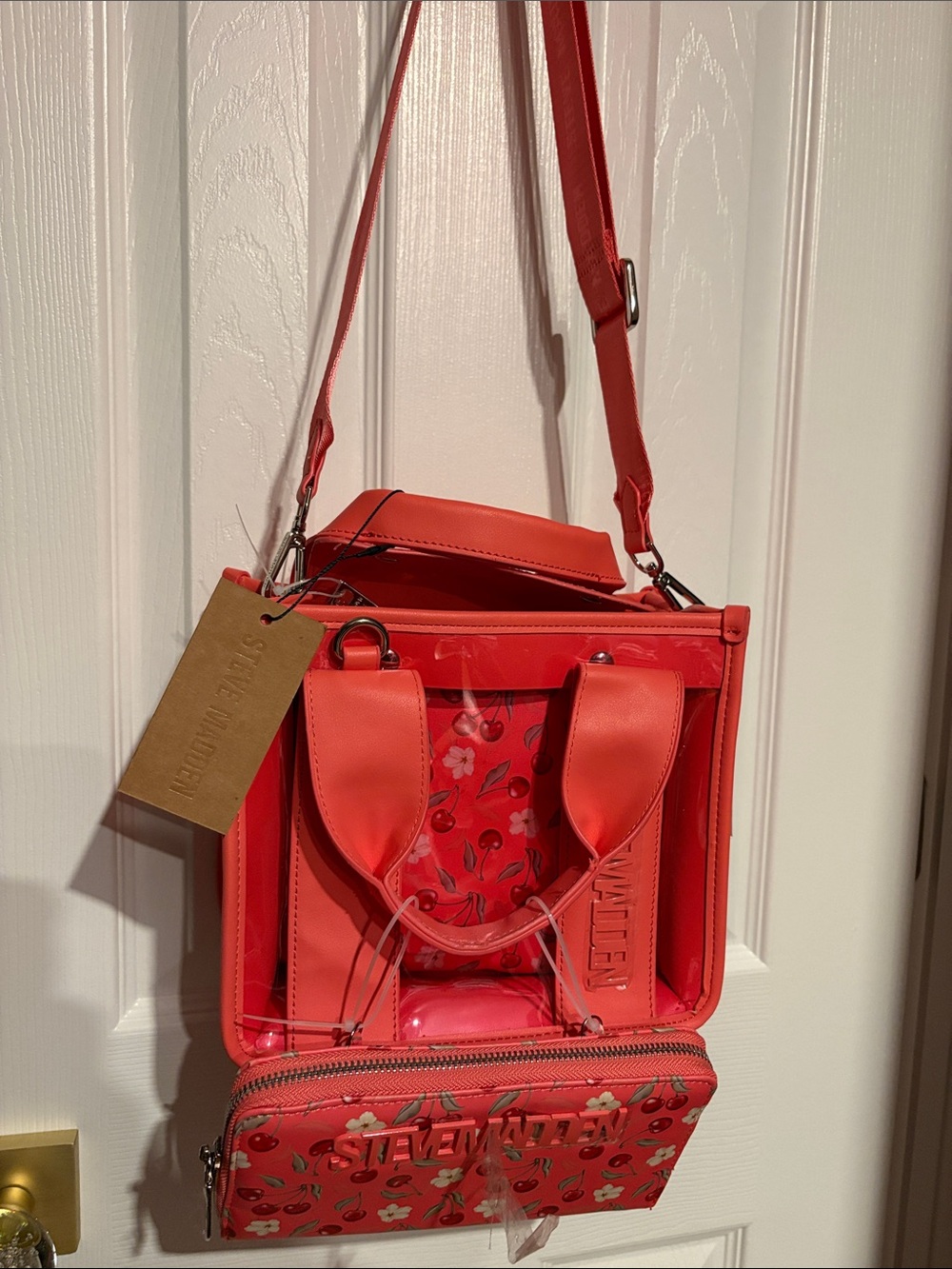 BNWT Steve Madden Cherry Clear Tote Crossbody Bag Floral Print & Matching Pouch